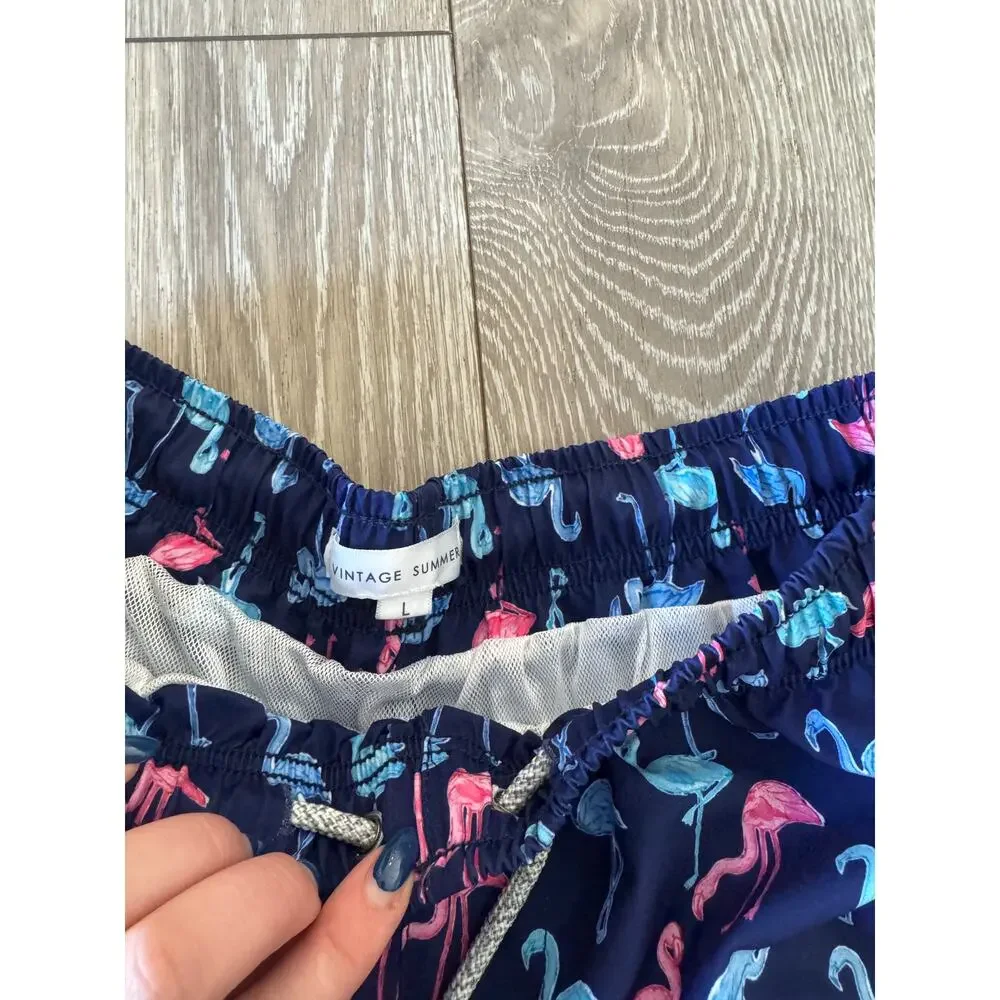 Vintage Summer Flamingo Blue and Pink Swim Trunks Large